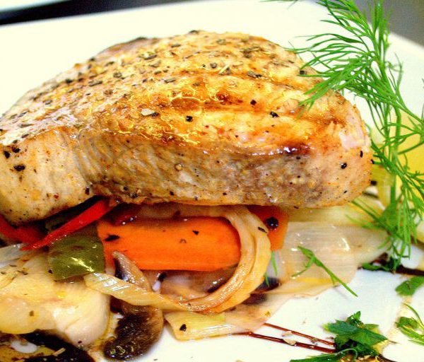 Image of Fresh Ksifias Chargrilled sword fish basted with lemon & extra virgin olive oil. Served with vegetables.